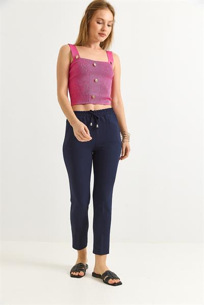 Beli Lastikli Kısa Paça Double Krep Pantolon Koyu Lacivert