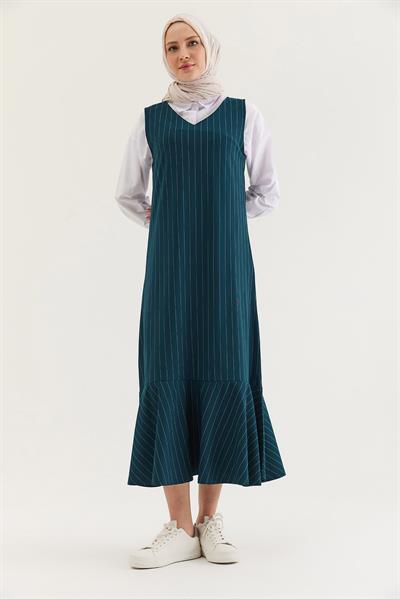 Çizgili Sıfır Kol Beli Kuşaklı Elbise Yeşil
