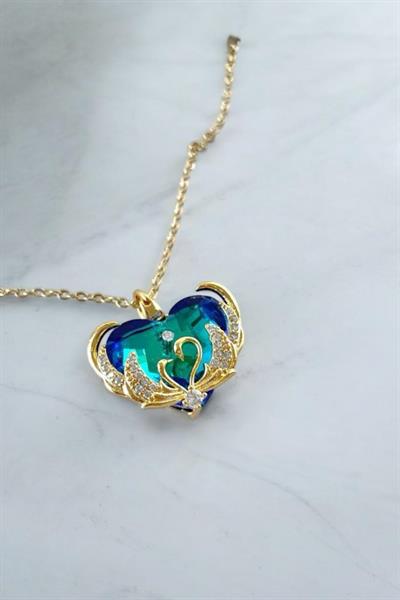 Çelik İkili Kuğu Detaylı Mavi Kristal Kalp Kolye Gold