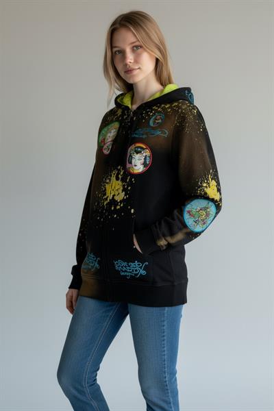 Kadın Fermuarlı Kapüşonlu Karışık Renk Vintage Sweatshirt