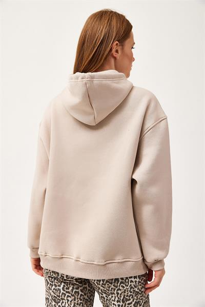 Oversize Kapüşonlu Kanguru Cepli Sweatshirt Bej