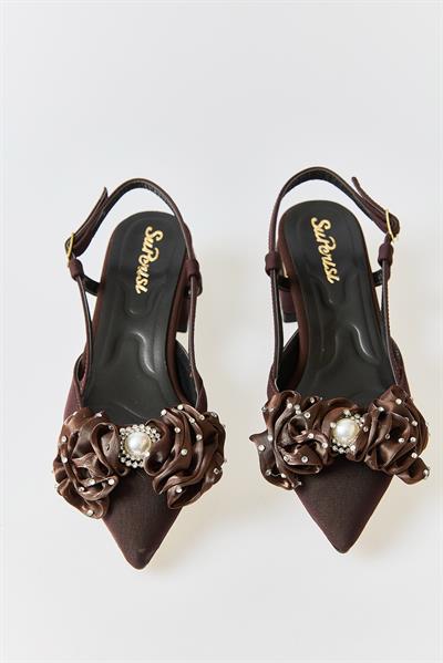 Kadın Büyük Fiyonklu Slingback Kısa Topuklu Ayakkabı Kahverengi