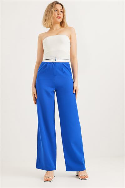 Beli Şeritli Bol Paça Pantolon Saks