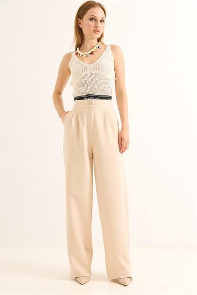 Geniş Paça Kemeri Garnili Palazzo Pantolon Bej