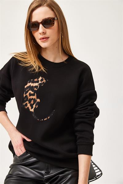 Leopar Baskılı Üç İplik Şardonlu Sweatshirt Siyah