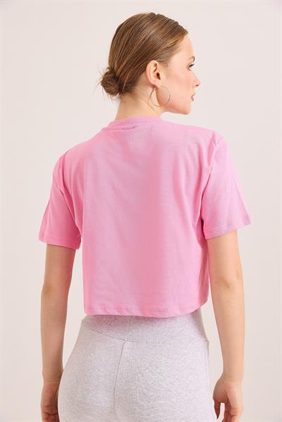 Karikatür Kuş Baskılı Pamuk Örme Crop Tshirt Pembe