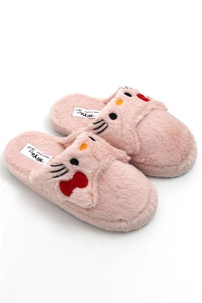 Önü Kapalı Peluş Model Kurdela Detaylı Terlik Pembe