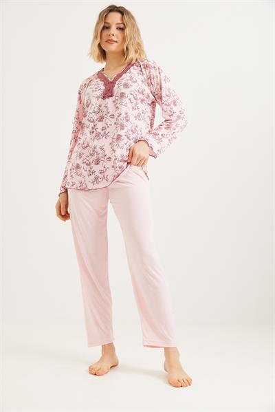 Yakası Dantelli Uzun Kollu Pijama Takımı Pembe