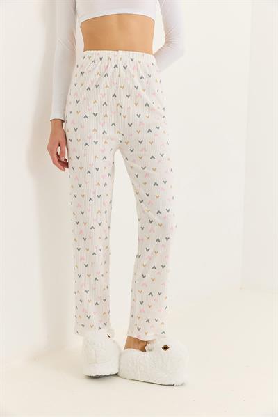 Kadın Renkli Kalp Detaylı İnterlok Pamuk Pijama Altı