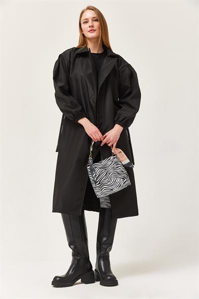Bel Kuşaklı Oversize Trençkot Siyah