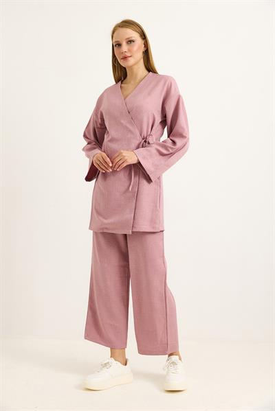 Yandan Bağlamalı Kimono Pantolon İkili Takım Gül Kurusu