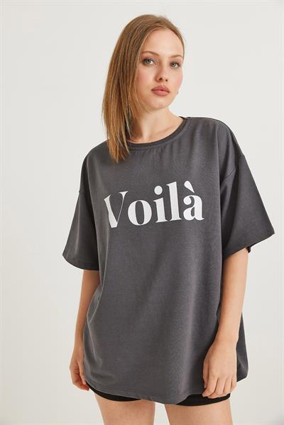 Voila Baskılı Oversize İki İplik Tshirt Füme