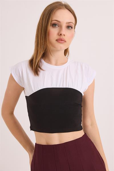 Siyah Beyaz Renk Bloklu Örme Bluz