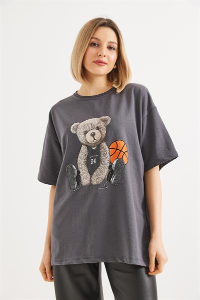Ayıcık Baskılı Bisiklet Yaka Tshirt Füme