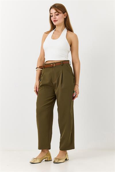 Kadın Kemerli Cepli Mom Kumaş Pantolon Haki