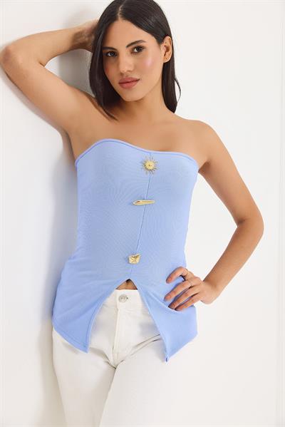 Düğme Detaylı Ottoman Straplez Mavi