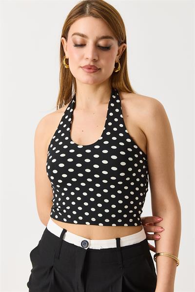 Kadın Boyundan Askılı Puantiyeli Crop Bluz Siyah