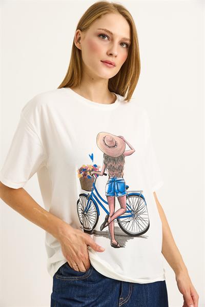 Baskılı Bisiklet Yaka Kısa Kollu Tshirt Beyaz
