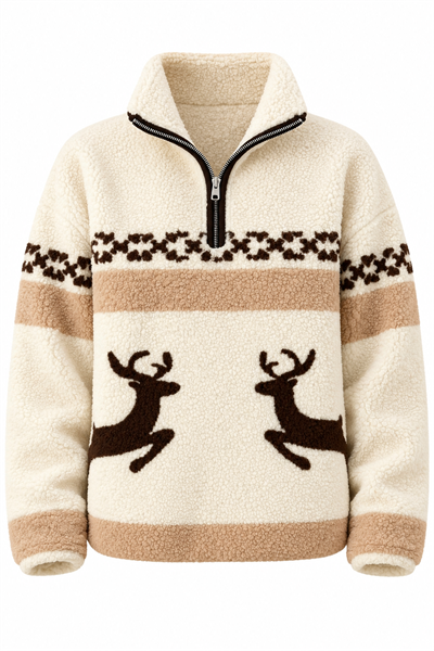 Kadın Desenli Dik Yaka Yarım Fermuarlı Polar Swearshirt Kahverengi