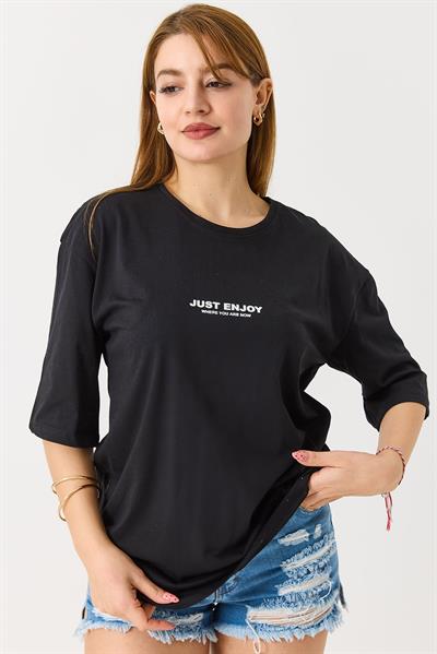 Kadın Yazı Baskılı Bisiklet Yaka Tshirt Siyah