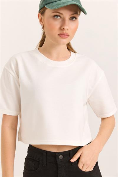 Bisiklet Yaka Havalı Crop İki İp Ekru