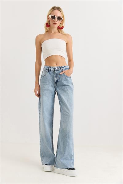Kadın Bol Kesik Paça Şık Kot Pantalon  Açık Mavi