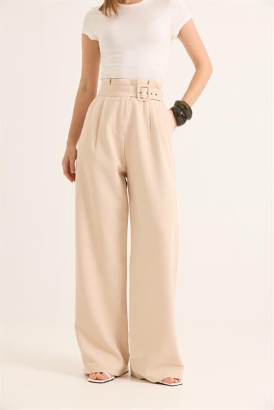 Yüksek Bel  Kemerli Bol Paça Pantolon Krem