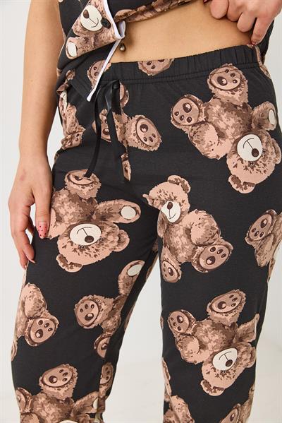 Kadın Ayıcık Baskılı Pijama Takımı Siyah