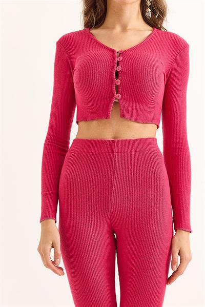 Kadın Düğmeli  Crop Tayt Fitilli Takım Pembe