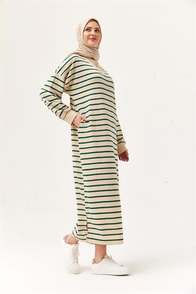 Yarım Fermuar Çizgili Uzun Elbise Yeşil