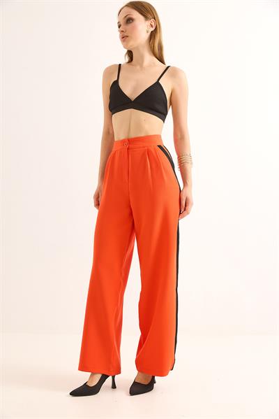 Yanları Şeritli Yüksel Bel Palazzo Pantolon Turuncu