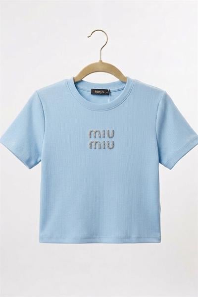 Kadın Bisiklet Yaka Kaşkorse Crop Bluz Mavi