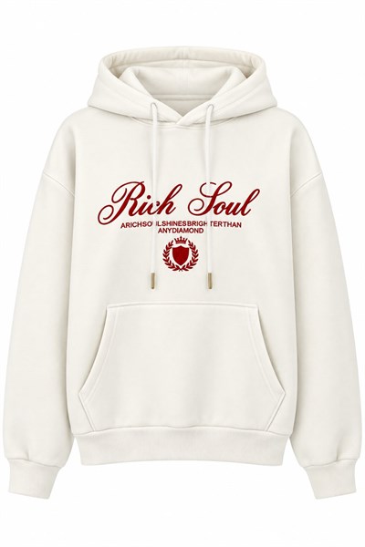 Kadın Baskılı Oversize Kapüşonlu Cep Detay Sweatshirt Beyaz