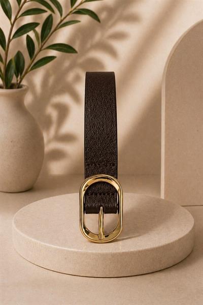 Gold Renk Oval Metal Tokalı Kadın Kemer Acı Kahve
