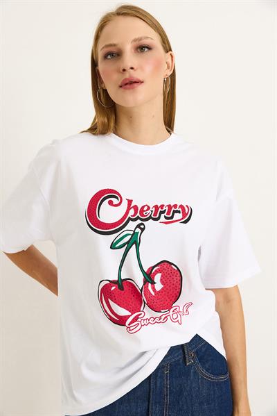 Baskılı Bisiklet Yaka Kadın Tshirt Beyaz