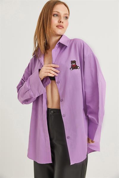 Ayıcık Nakışlı Oversize Basic Gömlek Mor