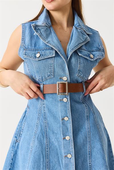 Kemerli Önden Düğmeli Kolsuz Denim Elbise Mavi