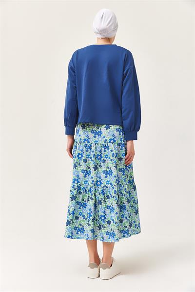 Çiçek Desenli Etekli İkili Takım Lacivert