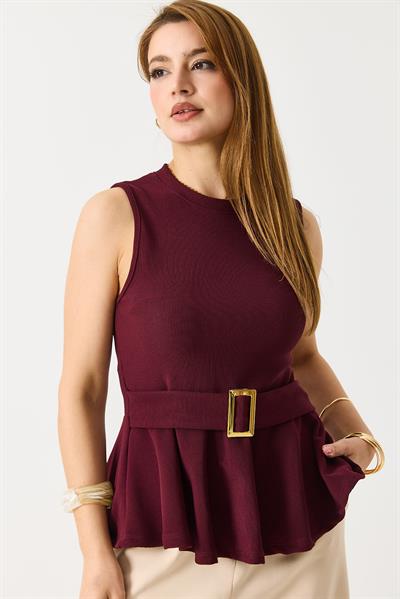 Kadın Toka Detaylı Kaşkorse Bisiklet Yaka Bluz Bordo