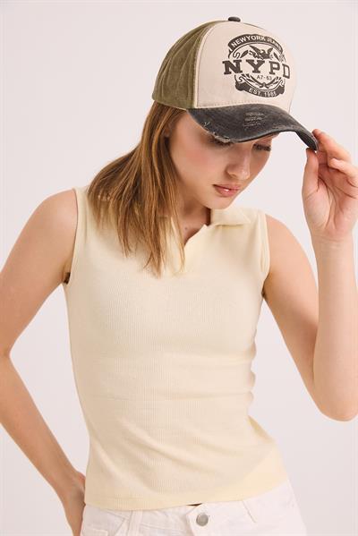 Sıfır Kol Polo Yaka Basıc Örme Kaşkorse Bluz Bej