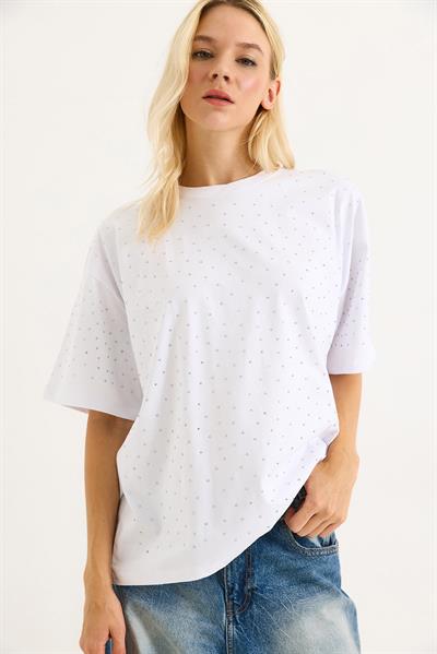 Taşlı Oversize Beyaz Tshirt