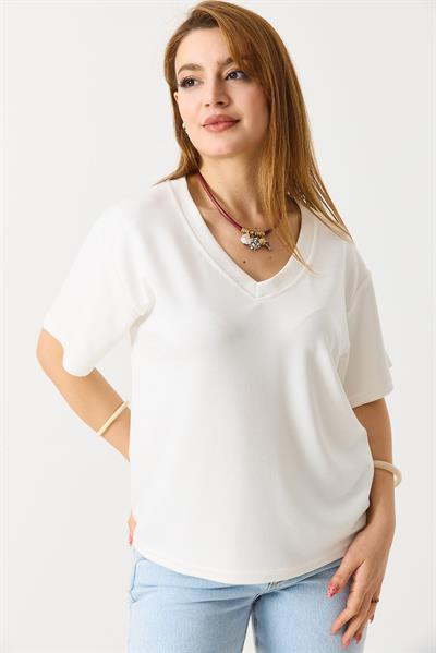 Kadın V Yaka Modal Kısa Kollu Tshirt  Beyaz