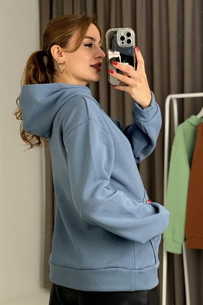 Üç İplik İndigo Şardonlu Kangru Cepli Kapişonlu Sweat
