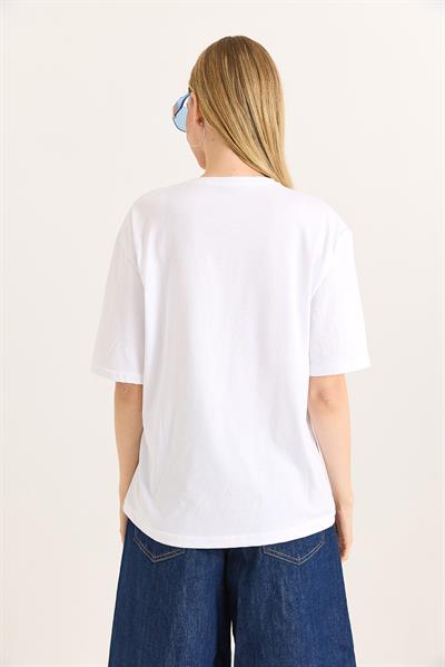 Kalp Dekolteli Bisiklet Yaka Tshirt Beyaz