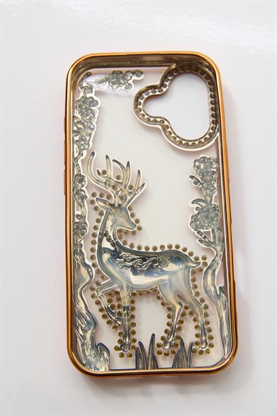 İphone 17 Uyumlu Geyik ve Çiçek Kabartmalı Kılıf Turuncu