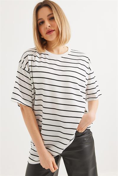 Çizgili İki İp Bayan Tshirt Beyaz