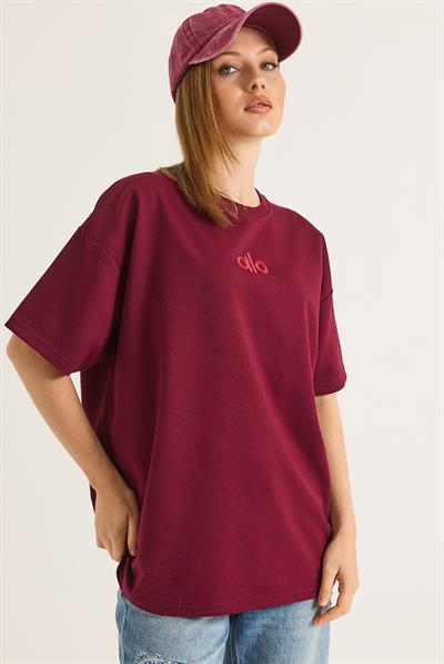 Alo Nakışlı Oversize Unisex Tshirt Bordo