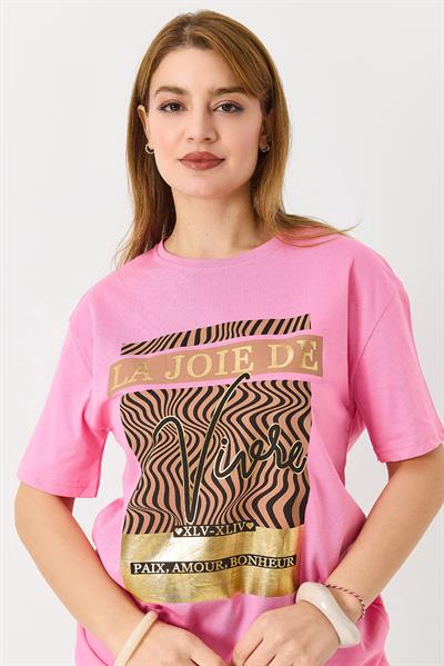 Kadın Parlak Yazılı Baskılı Tshirt Pembe
