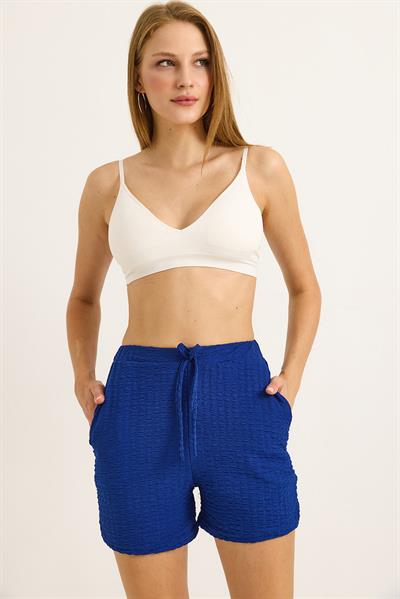 Gofre Kumaş Bel Lastikli Kadın Şort Saks