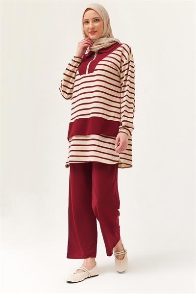 Fermuarlı Çizgili Gömlek Yaka Takım Bordo